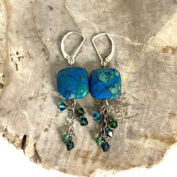 Sterling Silver 925 Square Azurite Bi-Cone Beaded Leverback Dangle Earrings - Picture 4 of 12